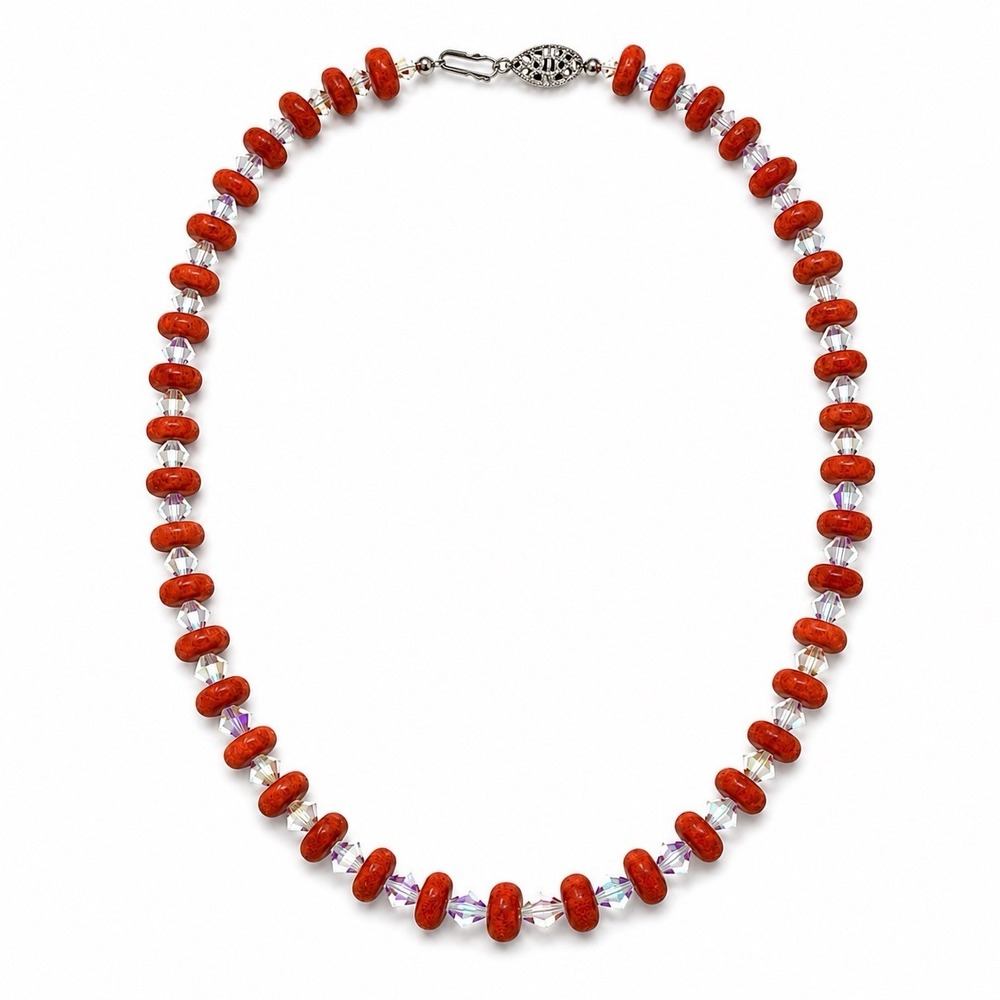 Vintage Red Sponge Coral Beaded AB Crystal Aurora Statement Necklace 19" Long